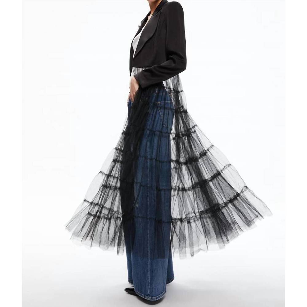 NEW ALICE + OLIVIA satin cropped blazer with tulle bottom in black - Picture 3 of 6
